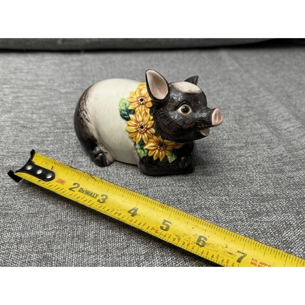 Vintage Fitz And Floyd Black And White Floral Pig Ceramic Baking Soda Container